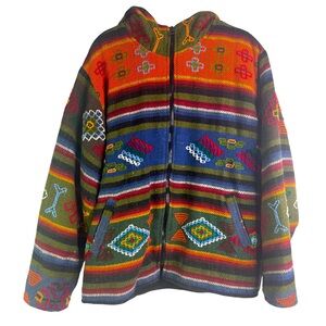 Tibet Wear Handmade 100% Wool Bhutan Tapestry Zip Up Hooded Jacket Aztec Western